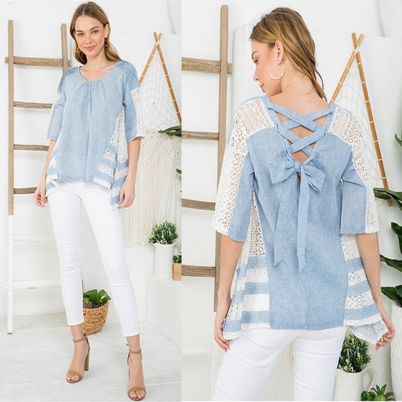 Women Washed Light Denim Blue Cotton Lace Details Bow Tie Asymmetric Top - T8705 - Picture 1 of 11